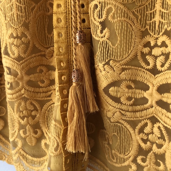 Boho Crochet Lace Embroidery Golden Yellow 3/4 Sleeve top Small - Picture 6 of 13